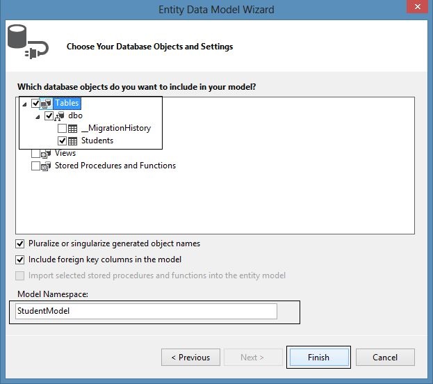 Selecting Database Objects in Entity Model